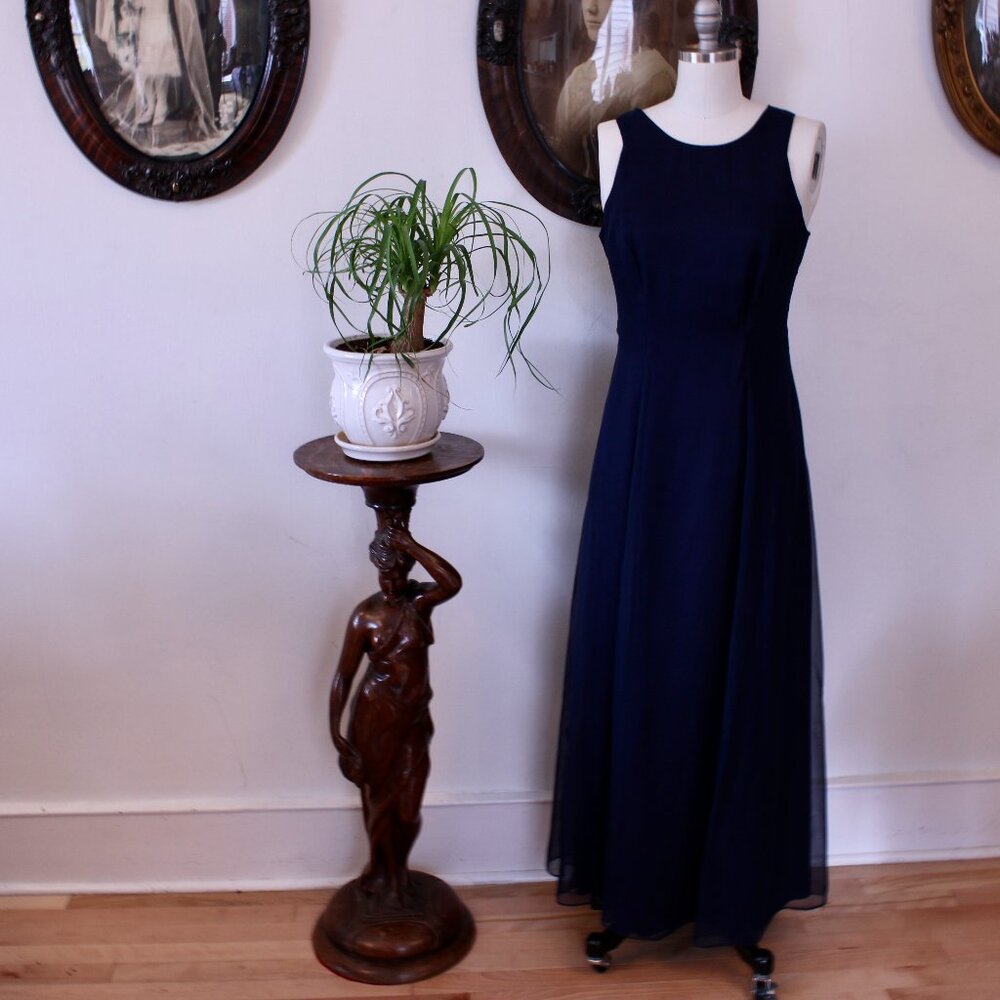 1990's Jordan Navy Chiffon Evening Gown with Back Rosette